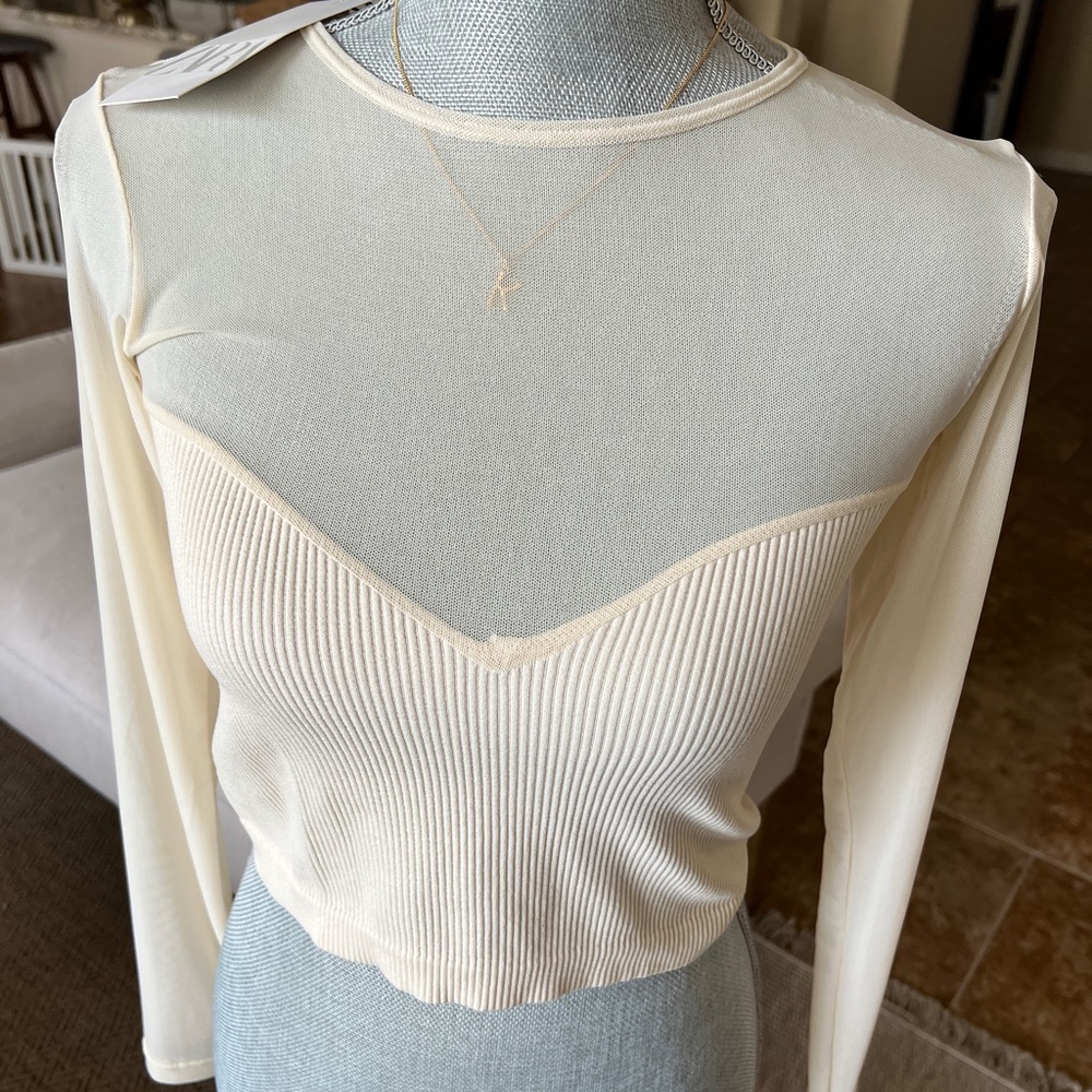Sheer Panel Ribbed Long-Sleeve Top - Cream